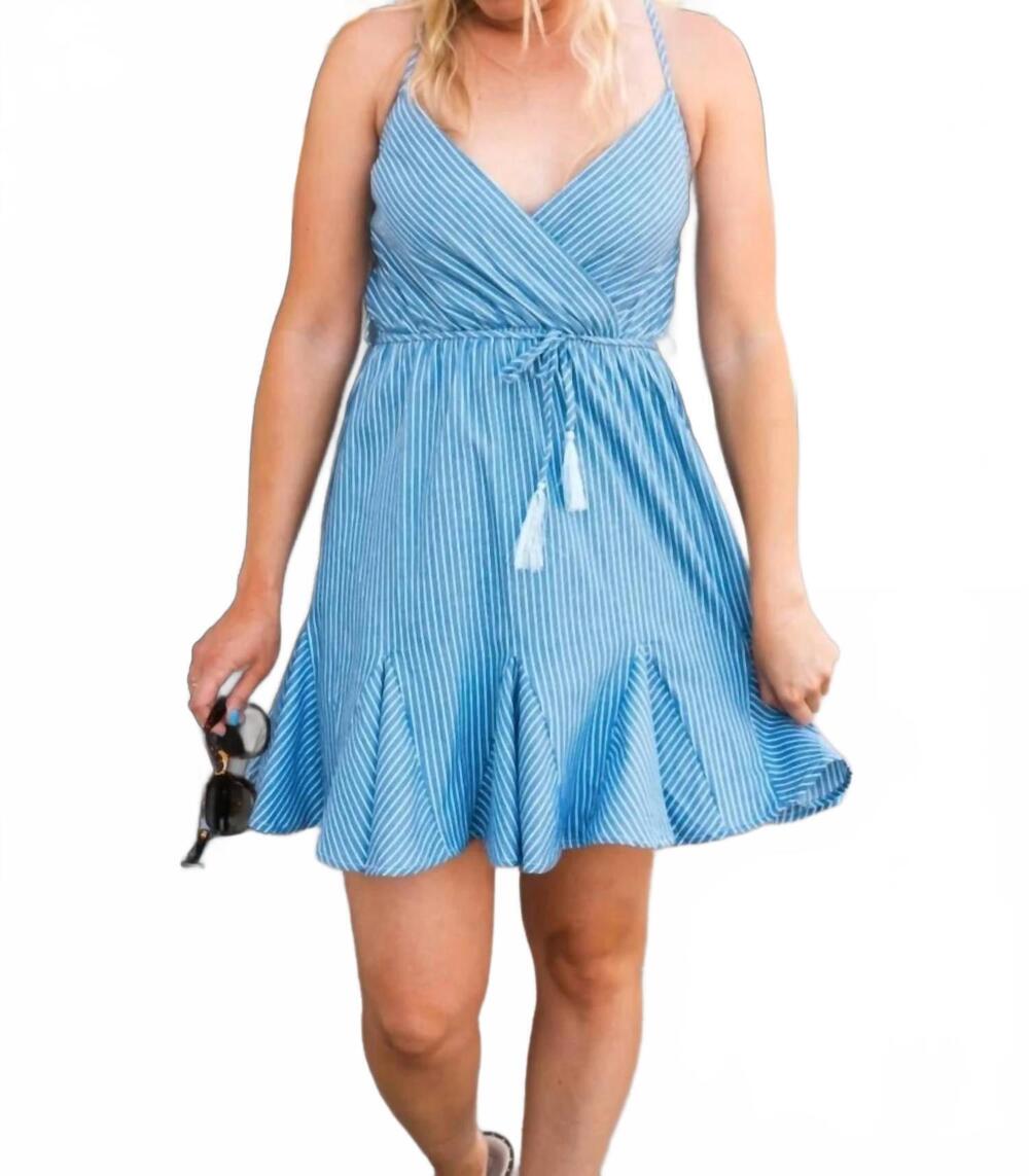 NEW BIBI striped denim dress in light blue and white pinstriped
